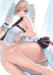 Rule 34 | 1girl, absurdres, azur lane, bare legs, barefoot, blonde hair, blush, breasts, dress, formidable (azur lane), formidable (timeless classics) (azur lane), highres, huge breasts, long hair, looking at viewer, official alternate costume, red eyes, sailor collar, sitting, solo, thighs, twintails, very long hair, white dress, yamanokami eaka