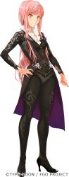 Rule 34 | 1girl, black bodysuit, bodysuit, breasts, buttons, fate/grand order, fate (series), full body, hand on own hip, high heels, cnoc na riabh (fate), long hair, looking at viewer, medb (fate), official art, pink hair, scarf, small breasts, smile, solo, takayama kisai, transparent background, yellow eyes