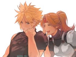 Rule 34 | 1boy, 1girl, armor, blonde hair, blue eyes, blue shirt, blush, breastplate, brown eyes, brown hair, cloud strife, final fantasy, final fantasy vii, final fantasy vii remake, garbage paper, hand on own face, headband, highres, jessie rasberry, long hair, looking at another, open mouth, parted bangs, parted lips, ponytail, red headband, shirt, short hair, shoulder armor, single bare shoulder, sleeveless, sleeveless turtleneck, smile, spiked hair, suspenders, turtleneck, twitter username, upper body, whispering, white background