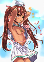 Rule 34 | 10s, 1girl, armpits, arms behind head, arms up, bandaid, bandaids on nipples, blush, breasts, brown eyes, brown hair, dark-skinned female, dark skin, dress, hat, kantai collection, libeccio (kancolle), long hair, nukoyarou, one eye closed, open mouth, panties, pasties, side slit, sleeveless, sleeveless dress, small breasts, solo, striped clothes, striped panties, twintails, underwear, wind, wind lift