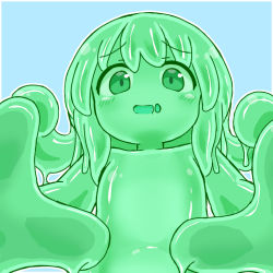 Rule 34 | 1girl, :d, blue background, blush, border, colored sclera, colored skin, completely nude, curss, green eyes, green hair, green sclera, green skin, looking at viewer, monster girl, nude, one-hour drawing challenge, open mouth, original, outline, simple background, slime girl, smile, solo, upper body, white border, white outline