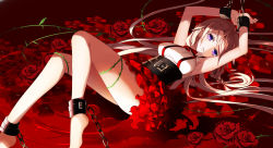 Rule 34 | 1girl, armpits, arms up, barefoot, chain, flower, ia (vocaloid), layered skirt, long hair, looking at viewer, lying, on back, parted lips, pink hair, purple eyes, red flower, red skirt, restrained, shirt, skirt, sleeveless, sleeveless shirt, solo, suspender skirt, suspenders, very long hair, vocaloid, white shirt, yuuki kira