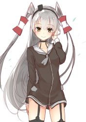 Rule 34 | 1girl, amatsukaze (kancolle), bad id, bad twitter id, brown dress, brown eyes, cowboy shot, dress, garter straps, hair tubes, hand in own hair, highres, inu3, kantai collection, long hair, looking at viewer, sailor dress, silver hair, simple background, smile, solo, two side up, very long hair, white background