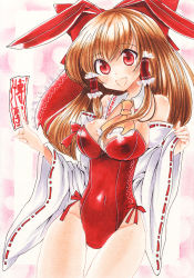 Rule 34 | 1girl, ascot, bare legs, bare shoulders, bow, breasts, brown hair, playboy bunny, cowboy shot, detached sleeves, hair bow, hair tubes, hakurei reimu, large breasts, long hair, nontraditional miko, ofuda, open mouth, pink background, red eyes, smile, solo, touhou, wide sleeves, wminiminiw