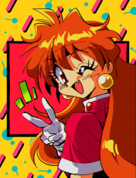 Rule 34 | 1990s (style), 1girl, commentary, fang, gloves, highres, lina inverse, looking at viewer, one eye closed, open mouth, orange eyes, orange hair, potiri02, retro artstyle, slayers, solo, v, white gloves