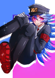 Rule 34 | 10s, 1boy, artist request, black footwear, black jacket, black pants, blue hair, boots, closed mouth, crying, gloves, hat, highres, jacket, long hair, long sleeves, looking at viewer, male focus, nanbaka, necktie, pants, peaked cap, pink eyes, red necktie, shiny clothes, shoes, sitting, solo, sparkle, sweat, tanabata seitarou, tears, uniform, very long hair, wavy mouth, white gloves