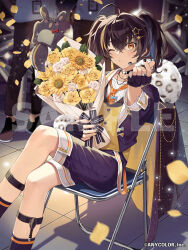 Rule 34 | 3boys, ahoge, black choker, black hair, blurry, blurry background, bouquet, brown eyes, chair, choker, commentary request, confetti, copyright notice, crossed bangs, crossed legs, depth of field, feet out of frame, flower, folding chair, fur trim, gaon (nijisanji), hair between eyes, hair ornament, hairclip, hand up, holding, jacket, jewelry, knee up, male focus, microphone, multicolored hair, multiple boys, necklace, necktie, nijisanji, nijisanji kr, official art, one eye closed, open clothes, open jacket, orange necktie, potti-p, purple jacket, purple shorts, purple socks, sample watermark, shirt, shorts, sidelocks, sitting, socks, solo focus, streaked hair, tile floor, tiles, trap, twintails, vest, virtual youtuber, watermark, white shirt, yellow vest