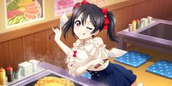 Rule 34 | 1girl, ;), ;p, artist name, artist request, bare shoulders, black hair, black skirt, blush, bow, breasts, female focus, food, hair between eyes, hair bow, highres, holding, holding spatula, indoors, long hair, looking at viewer, love live!, love live! school idol festival, love live! school idol festival all stars, love live! school idol project, one eye closed, parted lips, puffy short sleeves, puffy sleeves, red bow, red eyes, restaurant, shirt, short hair, short sleeves, short twintails, skirt, smile, solo, sparkle, spatula, tongue, tongue out, twintails, v-shaped eyebrows, white shirt, yazawa nico