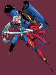 Rule 34 | 1girl, adapted costume, armor, arrow (projectile), bad id, bad twitter id, blue eyes, bow (weapon), braid, braided ponytail, breasts, brown background, clothing cutout, cross, drawing bow, foreshortening, grey hair, highres, holding, holding bow (weapon), holding weapon, joints, long hair, maroon background, mecha, mecha musume, mechanization, midriff, navel cutout, power armor, red cross, robot, robot joints, simple background, single braid, solo, toriburi, touhou, weapon, yagokoro eirin
