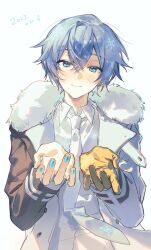 Rule 34 | 1boy, 2023, :&gt;, aqua nails, asymmetrical clothes, asymmetrical sleeves, black sleeves, blue eyes, blue hair, blush, buttons, coat, collared shirt, commentary, dated, diamond dust (module), double-breasted, food, fur trim, gloves, hair between eyes, highres, kaito (vocaloid), kazemi arashi, light blue hair, light smile, long sleeves, male focus, nail polish, necktie, open clothes, open coat, open hand, popsicle, shirt, simple background, single glove, snowflakes, standing, upper body, vocaloid, white background, white coat, white necktie, white shirt, white sleeves, winter clothes, yellow gloves