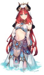 Rule 34 | 1girl, arms behind back, bare shoulders, blue skirt, brooch, commentary, crop top, detached sleeves, genshin impact, green eyes, highres, horns, jewelry, long hair, long sleeves, looking at viewer, midriff, navel, nilou (genshin impact), red hair, shotgunman, simple background, skirt, smile, solo, standing, stomach, veil, very long hair, white background