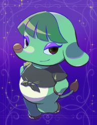 Rule 34 | 1girl, animal crossing, blue background, hands on own hips, kopa nishikida, looking at viewer, looking up, nintendo, opal (animal crossing), purple background, standing, standing on one leg