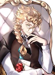 Rule 34 | 1boy, alternate costume, birthday, birthday card, black jacket, black necktie, blonde hair, braid, brown vest, chair, closed mouth, collared shirt, commentary, earrings, elbow rest, english commentary, flower, formal, giorno giovanna, green eyes, hair between eyes, hair ribbon, hand on own face, highres, italian text, jacket, jacket on shoulders, jewelry, jojo no kimyou na bouken, lapels, long sleeves, looking at viewer, male focus, necktie, open clothes, open jacket, ribbon, ring, rose, shirt, single braid, sitting, smile, solo, stud earrings, tiyi (tiyi a09), vento aureo, vest, waistcoat, white shirt
