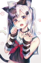 Rule 34 | 1girl, :o, animal ear fluff, animal ears, arm warmers, bandaid, bandaid on cheek, bandaid on face, bandaid on nose, bare shoulders, black hair, black nails, black shirt, bow, cat ears, cat girl, cat tail, collar, collarbone, crop top, fangs, hair bow, hair ornament, hairclip, hands up, head tilt, heart, highres, huwari (dnwls3010), long hair, looking at viewer, multicolored hair, nail polish, neckerchief, original, paw print, paw print background, red eyes, sailor collar, sailor shirt, shirt, skull hair ornament, sleeveless, sleeveless shirt, solo, split-color hair, striped, tail, twintails, two-tone hair, upper body, white background, white hair, white sailor collar