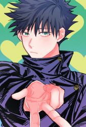 Rule 34 | 1boy, black hair, black jacket, blush, buttons, closed mouth, commentary request, fushiguro megumi, fushirun rung, green eyes, hair between eyes, hand up, heart, heart background, high collar, highres, jacket, jujutsu kaisen, korean commentary, long sleeves, looking at viewer, male focus, school uniform, short hair, solo, spiked hair, v