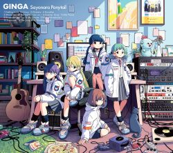 Rule 34 | 5girls, acoustic guitar, album cover, bandaid, bandaid on knee, bandaid on leg, black skirt, black socks, blonde hair, blue hair, blunt bangs, brown hair, cat, closed mouth, cover, expressionless, game console, gamecube, gamecube controller, green hair, guitar, hair ornament, hairclip, highres, instrument, long hair, looking at viewer, multiple girls, nakamori kemuri, neckerchief, original, phonograph, pleated skirt, purple hair, red neckerchief, second-party source, shelf, shoes, short hair, short twintails, sitting, skirt, sneakers, socks, standing, star (symbol), star hair ornament, twintails
