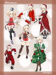 1girl alternate_hairstyle angel_wings animal_hat belt black_belt black_gloves black_pantyhose black_skirt black_thighhighs blonde_hair boots box braid breasts brown_footwear brown_thighhighs cat_hat christmas_tree_costume christmas_tree_hat coat cosplay dd_(ijigendd) de_ruyter_(christmas)_(kancolle) de_ruyter_(kancolle) de_ruyter_(kancolle)_(cosplay) dress ear_bell fake_wings fingerless_gloves fur-trimmed_boots fur-trimmed_coat fur-trimmed_dress fur-trimmed_gloves fur-trimmed_headwear fur-trimmed_sleeves fur_trim gift gift_box gloves green_dress grey_eyes hair_between_eyes hairband hat highres kantai_collection kumano_maru_(christmas_mode)_(kancolle) kumano_maru_(kancolle) kumano_maru_(kancolle)_(cosplay) langley_(christmas)_(kancolle) langley_(kancolle) langley_(kancolle)_(cosplay) long_hair long_sleeves low_wings miniskirt nevada_(christmas_mode)_(kancolle) nevada_(kancolle) nevada_(kancolle)_(cosplay) open_mouth pants pantyhose pleated_skirt red_coat red_dress red_hairband red_hat red_pants ryuujou_(kancolle) ryuujou_(kancolle)_(cosplay) ryuujou_kai_ni_(christmas_mode)_(kancolle) ryuujou_kai_ni_(kancolle) santa_boots santa_costume santa_hat scarf shimakaze_(kancolle) side_ponytail sidelocks single_braid skirt small_breasts smile snowshoes thighhighs twintails very_long_hair white_gloves white_pantyhose white_scarf wings yuugumo_(kancolle) yuugumo_(kancolle)_(cosplay) yuugumo_kai_ni_(christmas_mode)_(kancolle) yuugumo_kai_ni_(kancolle)