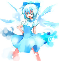 Rule 34 | 1girl, blue bow, blue eyes, blue hair, blue ribbon, blush, bow, cirno, dress shirt, fang, female focus, hair bow, ice, ice wings, ippongui, looking at viewer, matching hair/eyes, open mouth, puffy short sleeves, puffy sleeves, ribbon, shirt, short hair, short sleeves, simple background, solo, touhou, white background, wing collar, wings