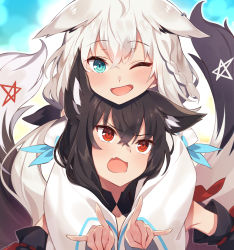 Rule 34 | 2girls, ;d, animal ears, black hair, blue eyes, blush, braid, chin rest, commentary request, dark persona, deany, fang, fox ears, fox girl, fox shadow puppet, fox tail, hair between eyes, head on head, head rest, highres, hololive, kurokami fubuki, long hair, long sleeves, looking at another, looking at viewer, multiple girls, one eye closed, open mouth, red eyes, shirakami fubuki, shirakami fubuki (1st costume), skin fang, smile, tail, tail raised, virtual youtuber, white hair