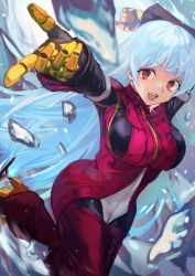 Rule 34 | 1girl, belt, blue background, blue hair, bodysuit, breasts, closed mouth, cowboy shot, eyebrows hidden by hair, gloves, high heels, highres, ice, ice skates, ice skating, kula diamond, large breasts, long hair, long sleeves, looking at viewer, open mouth, otsudou, pointing, reaching, reaching towards viewer, red eyes, skates, skating, smile, solo, the king of fighters, thigh gap, very long hair, yellow gloves, zipper