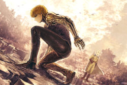 Rule 34 | 2boys, bald, black sclera, blonde hair, cape, colored sclera, cyborg, destruction, dutch angle, from side, full body, genos, kneeling, male focus, multiple boys, on one knee, one-punch man, outdoors, pants, profile, saitama (one-punch man), skin tight, solo focus, tokidoki tidori