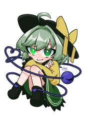 Rule 34 | 1girl, ahoge, black footwear, black hat, bow, closed mouth, commentary request, crossed arms, frilled skirt, frills, full body, green hair, green skirt, hair intakes, hat, hat bow, heart, heart-shaped pupils, heart of string, highres, komeiji koishi, long sleeves, looking at viewer, ringed eyes, shirt, short hair, signature, simple background, skirt, smile, solo, symbol-shaped pupils, third eye, touhou, white background, yellow bow, yellow shirt, yomogi 0001