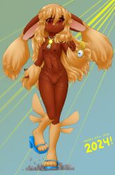 Rule 34 | 1girl, :3, alloyrabbit, animal nose, arm at side, black sclera, blonde hair, blue background, blue footwear, body fur, brown fur, city, cleft of venus, clenched hand, closed mouth, collarbone, colored sclera, creatures (company), dated, destruction, dress, english text, female focus, flat chest, furry, furry female, game freak, gen 4 pokemon, giant, giantess, glowing, gluteal fold, groin, hair between eyes, hand up, happy, happy new year, high heels, highres, holding, holding pocket watch, jewelry, knees together feet apart, legs, light rays, long ears, long hair, looking at viewer, lopunny, navel, necklace, new year, nintendo, nipples, personification, pocket watch, pokemon, pokemon (creature), pussy, rabbit ears, rabbit girl, red eyes, sandals, see-through, see-through dress, short dress, side slit, sidelocks, sleeveless, sleeveless dress, smile, solo, stomach, thighs, two-tone fur, uncensored, watch, yellow fur