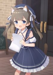 Rule 34 | 1girl, :3, absurdres, animal ears, beret, blue eyes, blurry, blurry background, blush, brown hair, cat ears, cat girl, cat tail, detached sleeves, door, dress, fang, frilled dress, frills, hair ribbon, halter dress, halterneck, hat, highres, holding, holding paper, indie virtual youtuber, itigori ena, long hair, menu board, mole, mole under eye, open mouth, outdoors, paper, ribbon, sleeveless, sleeveless dress, smile, solo, tail, twintails, tyakomis, virtual youtuber