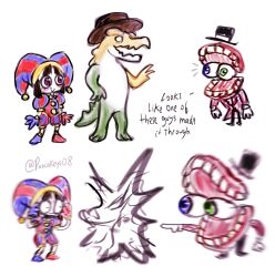 Rule 34 | 1girl, 2boys, artist request, blush stickers, caine (the amazing digital circus), character doll, cowboy hat, crocodile boy, crocodilian tail, death, disintegration, empty eyes, english text, explosion, faceless, faceless male, glowing, gummigoo, hacony, hat, highres, jester, looking at another, lying, multiple boys, on back, pomni (the amazing digital circus), surprised, tail, the amazing digital circus