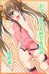 Rule 34 | 10s, 1girl, anus, ass, brown hair, censored, female focus, green eyes, hair ribbon, halftone, halftone background, huang lingyin, infinite stratos, nu (plastic eraser), panties, ribbon, school uniform, solo, text focus, translated, underwear, uniform, white background