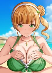 Rule 34 | 1boy, 1girl, absurdres, bare shoulders, beach, bead necklace, beads, bikini, blonde hair, blue sky, blush, breasts, closed mouth, cloud, collarbone, day, frilled bikini, frills, green bikini, green eyes, hair bun, hairband, heanna sumire, hetero, highres, jewelry, large breasts, love live!, love live! superstar!!, mero en e, necklace, one side up, outdoors, paizuri, paizuri under clothes, pov, pov crotch, sky, smile, swimsuit, textless version, white hairband