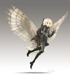 Rule 34 | 1girl, asterisk kome, bird tail, bird wings, blonde hair, brown eyes, commentary request, flying, gloves, gun, highres, low wings, medium hair, military, signature, smile, tagme, tail, weapon, weapon on back, winged fusiliers, wings