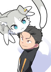 2boys black_hair black_jacket blue_eyes cat cat_tail earrings highres jacket jewelry kobayashi_yuusuke looking_at_another multiple_boys natsuki_subaru puck_(re:zero) re:zero_kara_hajimeru_isekai_seikatsu shadow simple_background smile tail tsurime uchiyama_yumi voice_actor_connection white_background zaru_no_naka_ni_aru_saikoro