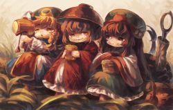 Rule 34 | 10s, 3girls, blonde hair, bowl, braid, character request, chin strap, crossover, fellows!, food, hakumei (hakumei to mikochi), hakumei to mikochi, hat, image sample, japanese clothes, kimono, koto inari, long hair, mallet, md5 mismatch, mikochi (fellows!), mikochi (hakumei to mikochi), mini person, minigirl, multiple girls, needle, obi, open mouth, purple hair, red eyes, red hair, resized, resolution mismatch, sandwich, sash, short hair, smile, source larger, sukuna shinmyoumaru, touhou, twilight (fellows!)