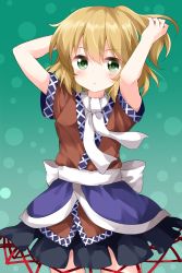 Rule 34 | 1girl, arms up, black skirt, blonde hair, blouse, blush, breasts, brown shirt, circle, commentary request, cowboy shot, gradient background, green background, green eyes, hair between eyes, half updo, highres, looking at viewer, medium breasts, mizuhashi parsee, ruu (tksymkw), sash, scarf, shirt, short hair, short sleeves, skirt, solo, standing, touhou, white sash, white scarf