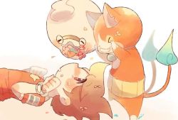Rule 34 | &gt; &lt;, 10s, 1boy, amano keita, brown hair, cat, chiyoko (oman1229), closed eyes, ghost, gradient background, haramaki, jibanyan, lying, multiple tails, notched ear, on back, open mouth, purple lips, short hair, tail, tears, traditional youkai, two tails, watch, whisper (youkai watch), wristwatch, youkai watch, youkai watch (object)