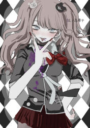 Rule 34 | 1girl, :p, absurdres, bear hair ornament, black background, blonde hair, blood, blood on face, blush, bow, breasts, danganronpa: trigger happy havoc, danganronpa (series), enoshima junko, grey eyes, hair ornament, highres, long hair, medium breasts, miniskirt, nail polish, pink blood, qian (ochaatui33), red bow, red nails, red skirt, shirt, short sleeves, skirt, smile, solo, tongue, tongue out, translation request, v, white background