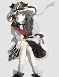 Rule 34 | 1girl, black footwear, black hat, black skirt, bow, buttons, closed mouth, crossed legs, epaulettes, expressionless, feet out of frame, flat chest, frilled hat, frilled skirt, frills, green eyes, green hair, grey background, grey vest, hair between eyes, hair over one eye, hand on own cheek, hand on own face, hat, head rest, highres, long bangs, long hair, long sleeves, looking at viewer, muted color, red bow, ribbon-trimmed skirt, ribbon trim, rod of remorse, shiki eiki, shirt, shiwaiji, simple background, sitting, skirt, sleeve bow, socks, solo, touhou, vest, white bow, white shirt, white socks