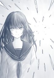 Rule 34 | 1girl, absurdres, blush, closed mouth, commentary request, crying, crying with eyes open, frown, greyscale, hair between eyes, highres, hoshimi akari, long hair, long sleeves, looking at viewer, monochrome, neckerchief, negative happy chainsaw edge, rain, sailor collar, school uniform, serafuku, simple background, solo, tears, upper body, v-shaped eyebrows, yukizaki eri