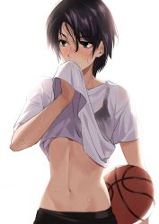 Rule 34 | 1girl, absurdres, bad id, bad pixiv id, ball, basketball, basketball (object), black hair, blush, bra, clothes lift, comeo (komeo15), highres, lifted by self, midriff, original, shirt lift, short hair, simple background, solo, sweat, tomboy, underwear, wiping sweat