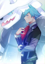 Rule 34 | 1boy, absurdres, aggron, black jacket, blue eyes, blue hair, closed mouth, collared shirt, commentary request, creatures (company), from side, game freak, gen 3 pokemon, highres, holding, holding poke ball, jacket, long sleeves, male focus, necktie, nintendo, pants, poke ball, poke ball (basic), pokemon, pokemon (creature), pokemon oras, red necktie, shirt, short hair, smile, spiked hair, steven stone, yuuki (yuuk yume)