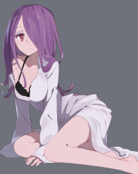 Rule 34 | 10s, 1girl, alternate breast size, alternate costume, bra, breasts, cleavage, grey background, hair over one eye, little witch academia, long hair, looking at viewer, medium breasts, open clothes, purple hair, red eyes, simple background, sitting, solo, sucy manbavaran, underwear