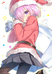 Rule 34 | 1girl, :d, alternate costume, bag, black pantyhose, blush, eyes visible through hair, fate/grand order, fate (series), fur trim, gift bag, grey skirt, hakuishi aoi, hat, holding, holding bag, jacket, long sleeves, mash kyrielight, miniskirt, open mouth, pantyhose, pink hair, pleated skirt, purple eyes, red hat, red jacket, santa costume, santa hat, short hair, skirt, smile, solo