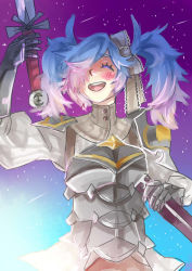 Rule 34 | 1girl, armor, blush, bow, breastplate, closed eyes, fire emblem, fire emblem fates, gradient background, hair bow, hair over one eye, happy, highres, multicolored hair, nintendo, open mouth, peri (fire emblem), sheath, shoulder pads, solo, sword, twintails, two-tone hair, upper body, weapon