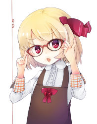 Rule 34 | 1girl, bespectacled, blonde hair, bow, glasses, hair bow, murani, nail polish, open mouth, raised eyebrow, red-framed eyewear, red eyes, rumia, short hair, solo, touhou, white background