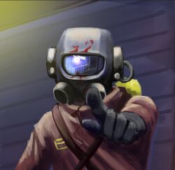 Rule 34 | 2others, black gloves, dragging, gloves, glowing, glowing eyes, hazmat suit, helmet, holding, indoors, jumpsuit, lethal company, looking at another, monster, multiple others, orange jumpsuit, oxygen mask, oxygen tank, pointing, railing, rainy sayu, reflective visor, strap, tube, worker (lethal company)