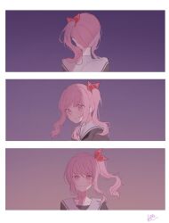 Rule 34 | 1other, 3koma, akiyama mizuki, androgynous, artist request, border, closed mouth, comic, commentary, highres, long hair, looking at viewer, pink eyes, pink hair, project sekai, side ponytail, sidelocks, signature, white border