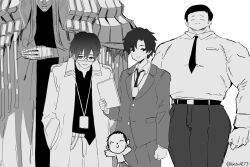 Rule 34 | 5boys, ^ ^, absurdres, bandaged hand, bandages, batsu, blue archive, blue archive the animation, closed eyes, coat, collared shirt, doodle sensei (blue archive), glasses, gradient background, greyscale, hair between eyes, hands in pockets, highres, jacket, long sleeves, male focus, monochrome, multiple boys, multiple persona, muscular, muscular male, necktie, open clothes, open coat, pants, phrenapates (blue archive), problem solver sensei (blue archive), sensei (blue archive), sensei (blue archive the animation), shirt, tablet pc, twitter username