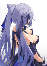Rule 34 | 1girl, bare shoulders, black choker, black dress, black ribbon, breasts, choker, cleavage, detached sleeves, double bun, downblouse, dress, earrings, frills, from above, from behind, genshin impact, gohei (aoi yuugure), hair bun, hair ribbon, highres, jewelry, keqing (genshin impact), keqing (opulent splendor) (genshin impact), large breasts, long hair, nipple slip, nipples, no bra, official alternate costume, purple hair, ribbon, short sleeves, simple background, solo, strapless, strapless dress, twintails, very long hair, white background