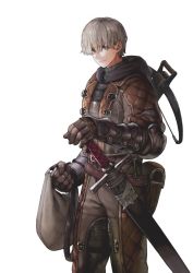 Rule 34 | 1boy, absurdres, armor, belt, bow (weapon), crossbow, gauntlets, highres, jun (navigavi), male focus, original, scabbard, sheath, simple background, smile, solo, sword, weapon, white background